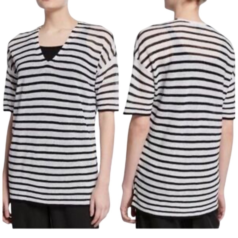 Eileen Fisher Organic Linen Striped V Neck Tunic Top XS Black White